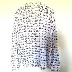Calvin Klein Woman's White Black Script Logo Button Down Blouse Size M
